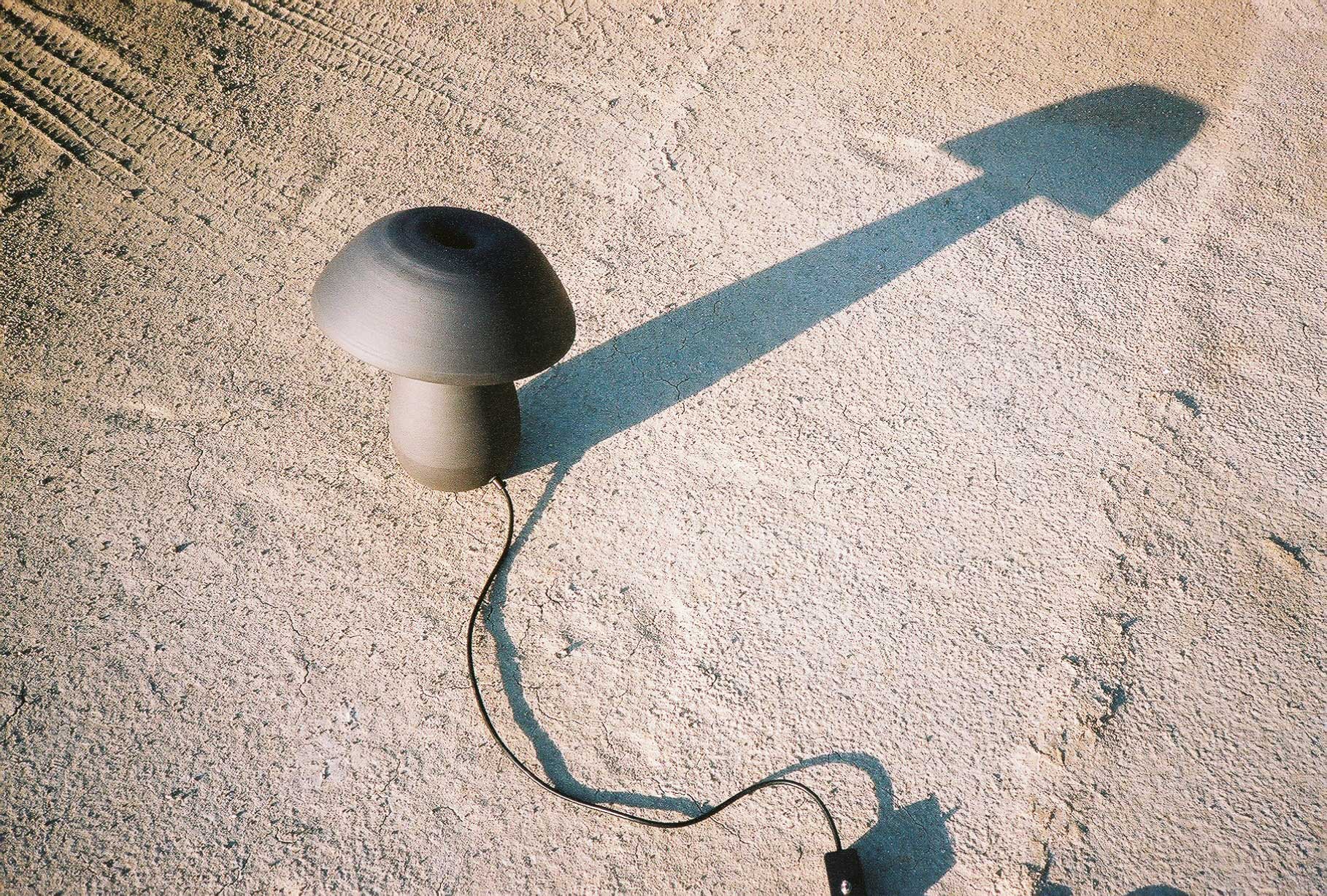 Black Mushroom Lamp shot outside on the ground in the dirt