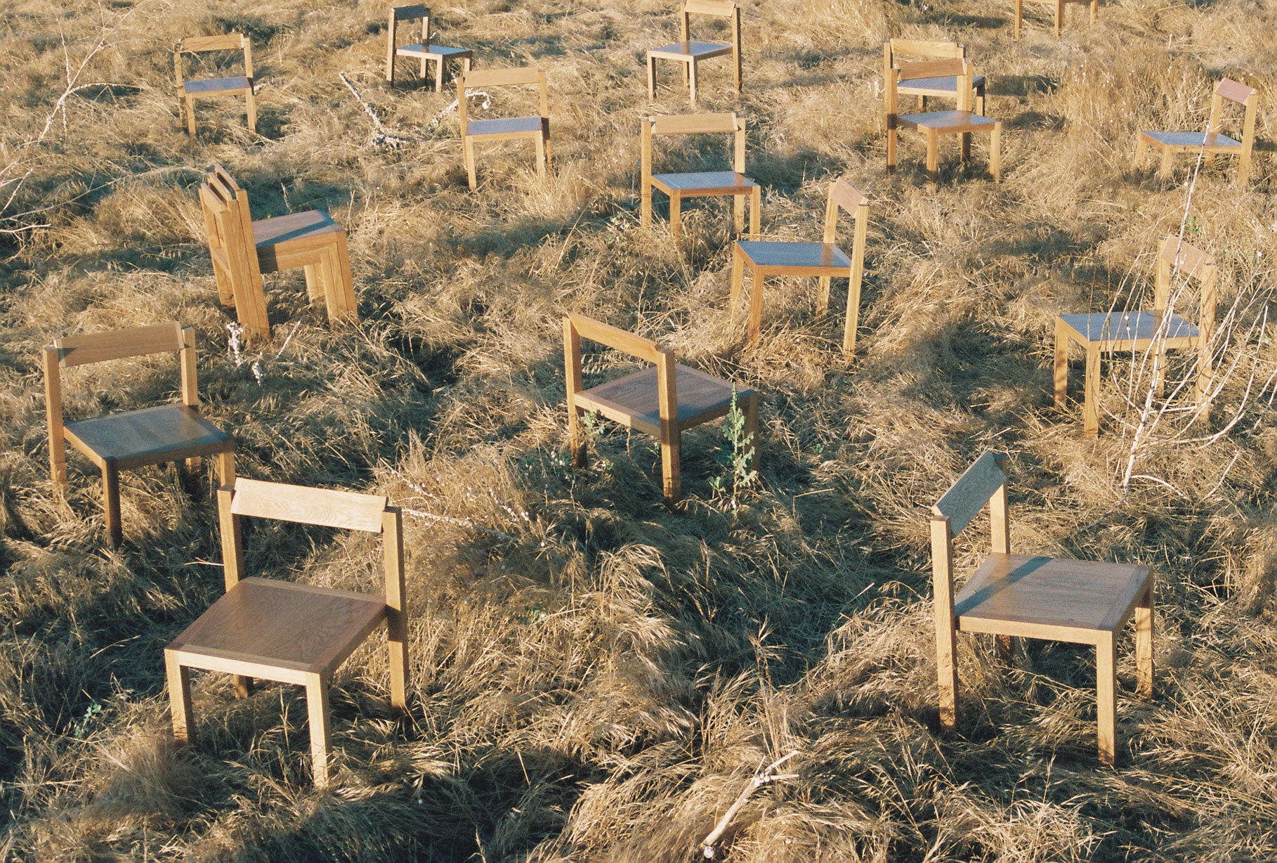 An assortment of Anything Chairs arranged in grassland