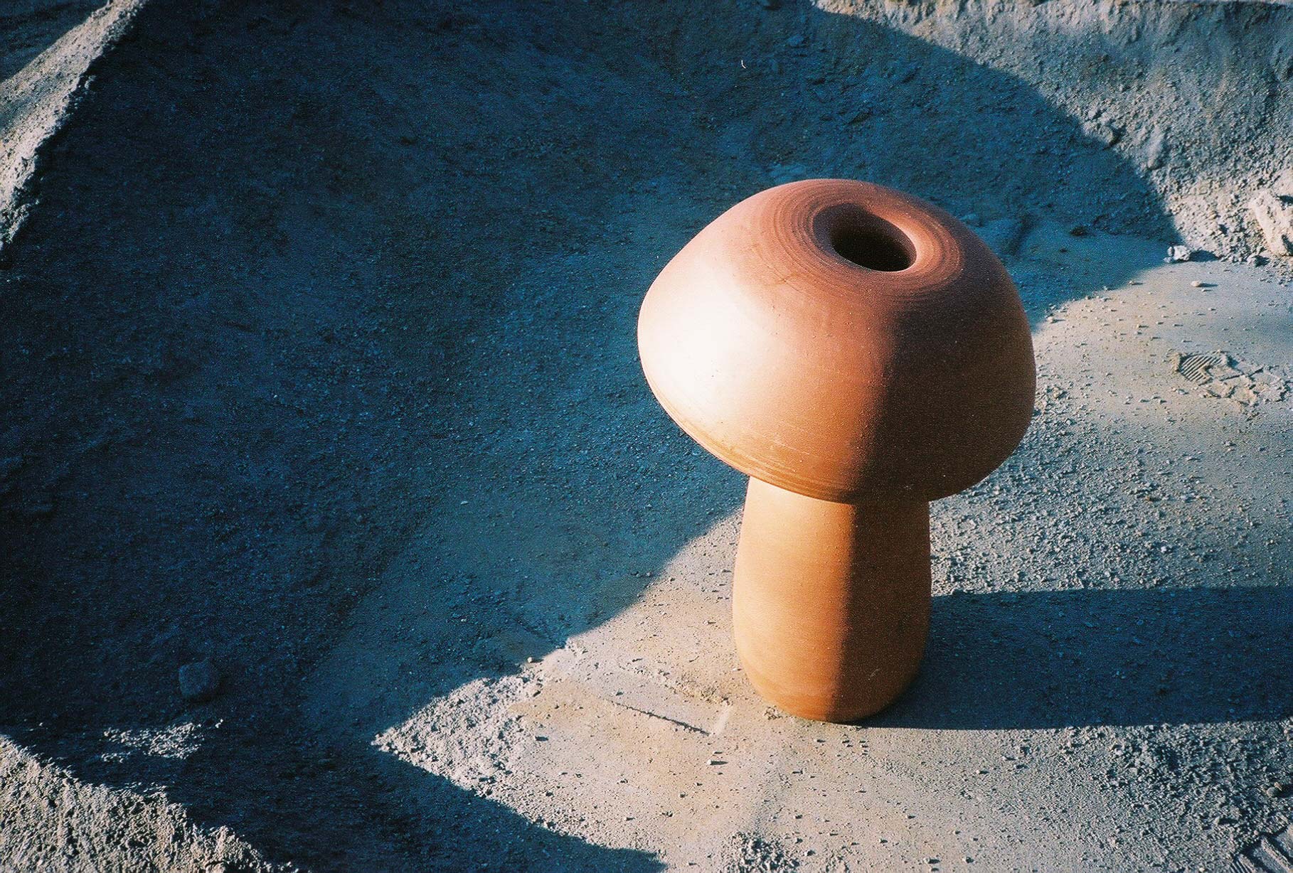 Terracotta Mushroom Lamp Shot outside on the ground